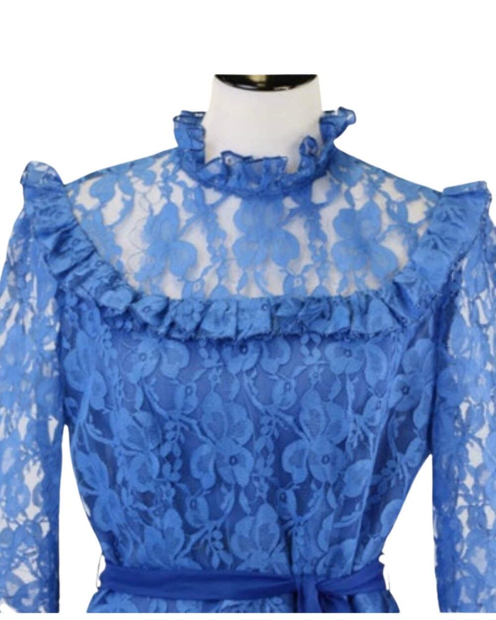 Vintage Cobalt Blue Lace Dress with Lace Ruffled Neckline/Cuffs Med/Large
